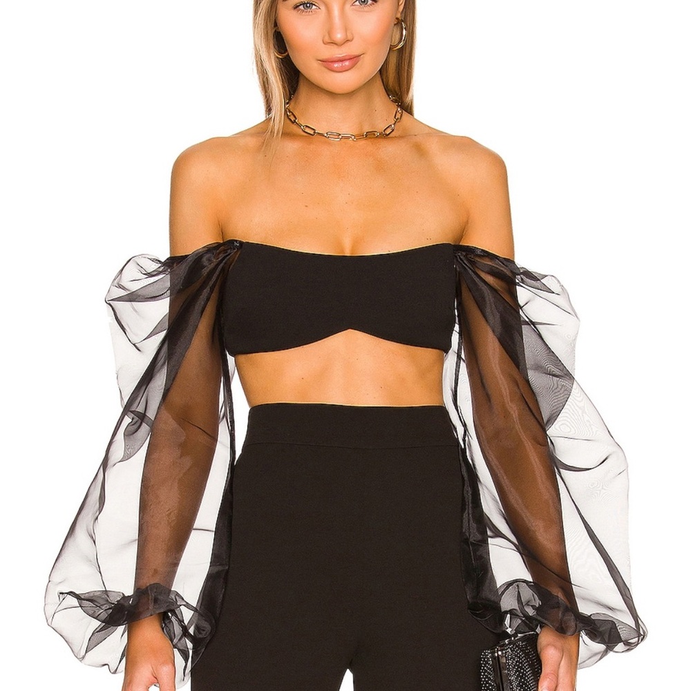 Worn Once- Black Off-Shoulder Sheer Sleeve Top